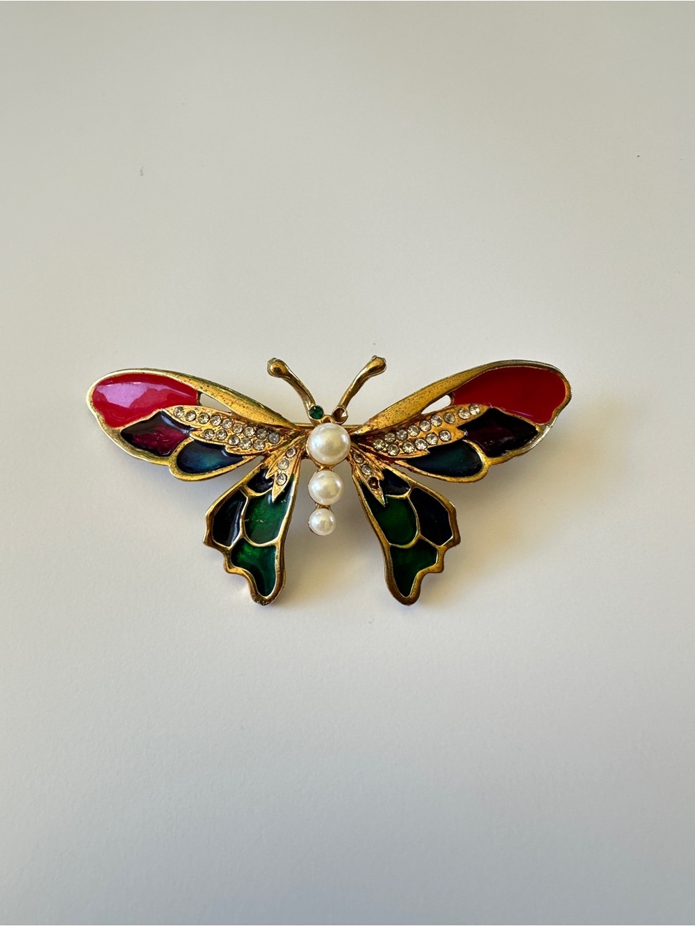 Gold-Tone Multicolor Butterfly Brooch with Pearls